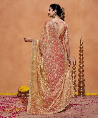 Indian rose embroidery with zari sequins fandy satin saree with unstitched blouse 3