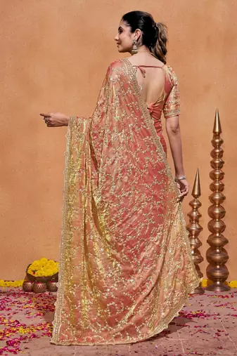 Indian rose embroidery with zari sequins fandy satin saree with unstitched blouse
