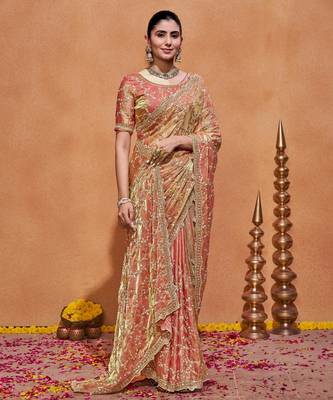 Indian rose embroidery with zari sequins fandy satin saree with unstitched blouse 4