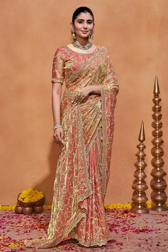 Indian rose embroidery with zari sequins fandy satin saree with unstitched blouse