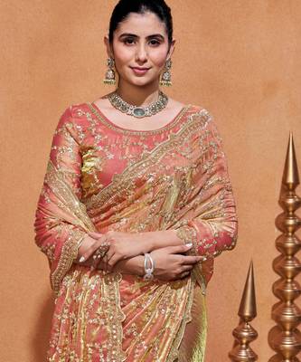 Indian rose embroidery with zari sequins fandy satin saree with unstitched blouse 5