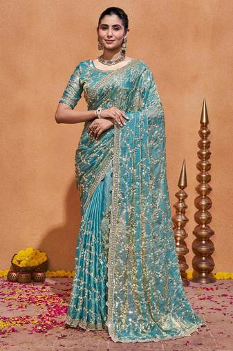 Elegance teal blue embroidery with zari sequins fandy satin saree with unstitched blouse
