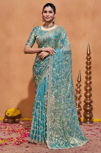 Elegance teal blue embroidery with zari sequins fandy satin saree with unstitched blouse