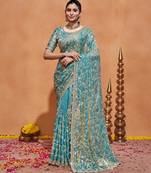 Elegance teal blue embroidery with zari sequins fandy satin saree with unstitched blouse