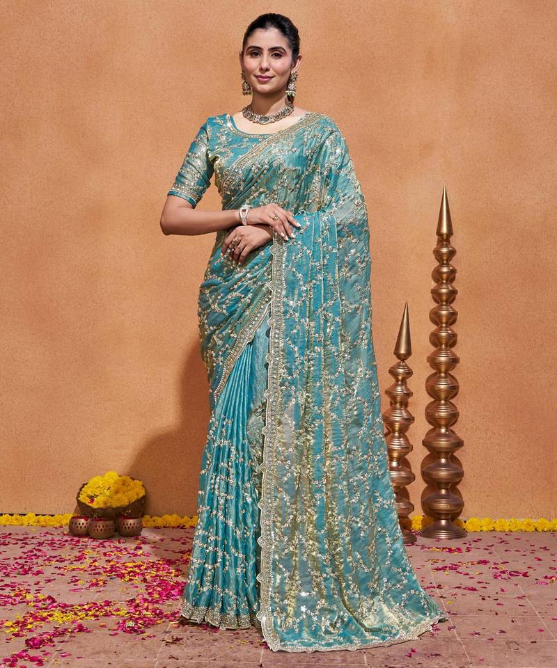 Elegance teal blue embroidery with zari sequins fandy satin saree with unstitched blouse