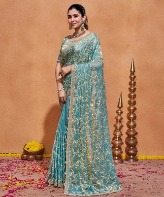 Elegance teal blue embroidery with zari sequins fandy satin saree with unstitched blouse 2