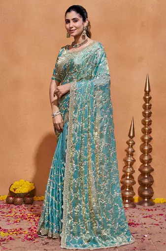 Elegance teal blue embroidery with zari sequins fandy satin saree with unstitched blouse