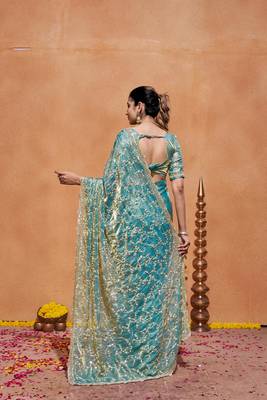 Elegance teal blue embroidery with zari sequins fandy satin saree with unstitched blouse 3