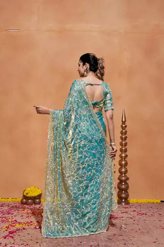 Elegance teal blue embroidery with zari sequins fandy satin saree with unstitched blouse