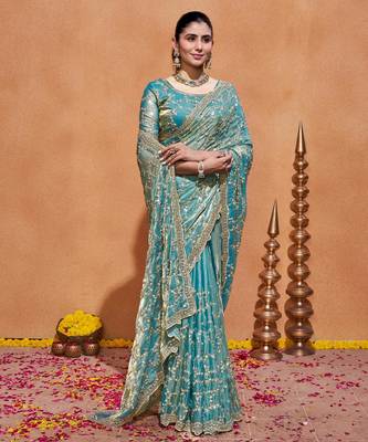 Elegance teal blue embroidery with zari sequins fandy satin saree with unstitched blouse 4