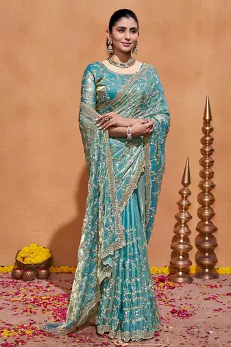 Elegance teal blue embroidery with zari sequins fandy satin saree with unstitched blouse