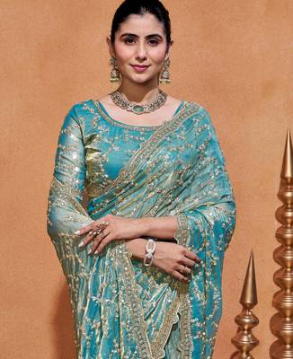 Elegance teal blue embroidery with zari sequins fandy satin saree with unstitched blouse 5