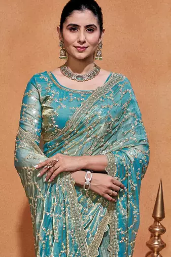 Elegance teal blue embroidery with zari sequins fandy satin saree with unstitched blouse