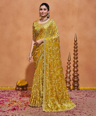 New collection yellow embroidery with zari sequins fandy satin saree with unstitched blouse 1