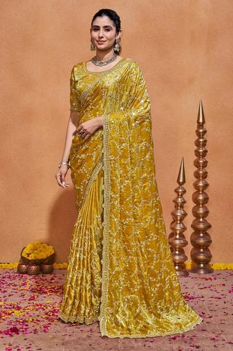 New collection yellow embroidery with zari sequins fandy satin saree with unstitched blouse
