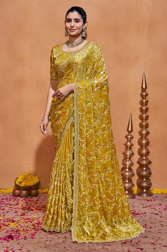 New collection yellow embroidery with zari sequins fandy satin saree with unstitched blouse