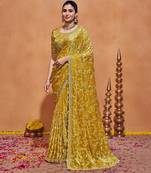 New collection yellow embroidery with zari sequins fandy satin saree with unstitched blouse