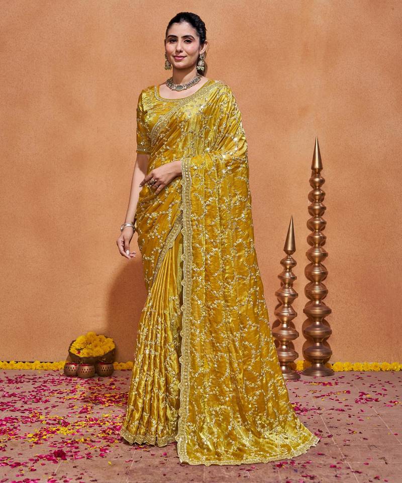 New collection yellow embroidery with zari sequins fandy satin saree with unstitched blouse