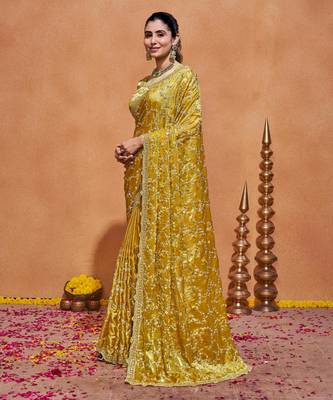 New collection yellow embroidery with zari sequins fandy satin saree with unstitched blouse 2