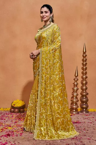 New collection yellow embroidery with zari sequins fandy satin saree with unstitched blouse