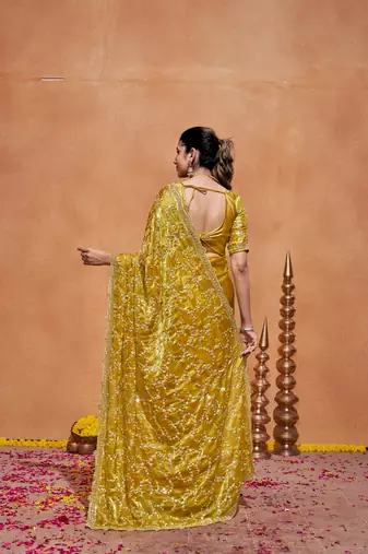 New collection yellow embroidery with zari sequins fandy satin saree with unstitched blouse