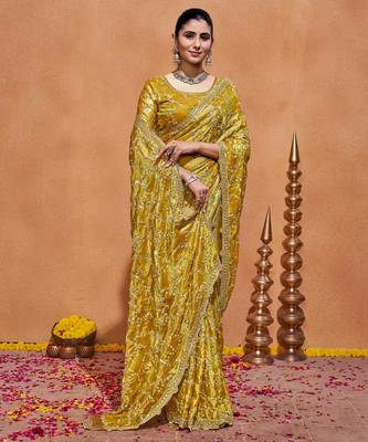 New collection yellow embroidery with zari sequins fandy satin saree with unstitched blouse 4