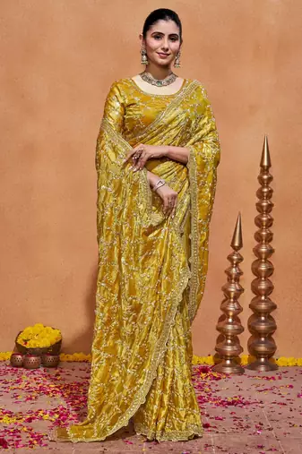 New collection yellow embroidery with zari sequins fandy satin saree with unstitched blouse