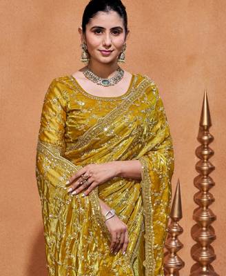 New collection yellow embroidery with zari sequins fandy satin saree with unstitched blouse 5
