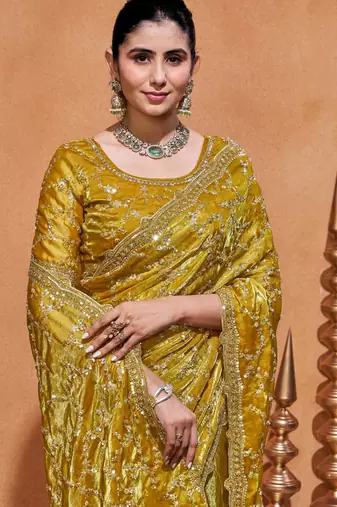 New collection yellow embroidery with zari sequins fandy satin saree with unstitched blouse