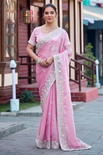 Ethnic baby pink multicolor floral buti embroidered border fandy satin saree with unstitched blouse