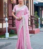 Ethnic baby pink multicolor floral buti embroidered border fandy satin saree with unstitched blouse