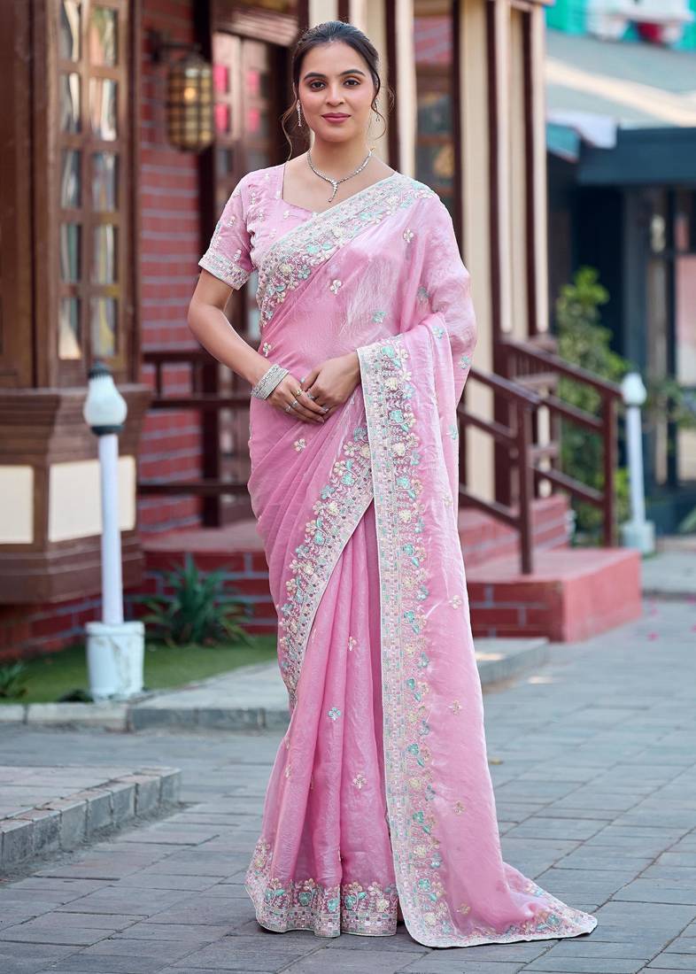Ethnic baby pink multicolor floral buti embroidered border fandy satin saree with unstitched blouse