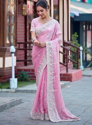 Ethnic baby pink multicolor floral buti embroidered border fandy satin saree with unstitched blouse 2