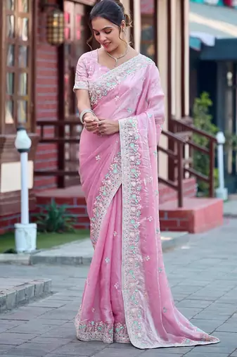 Ethnic baby pink multicolor floral buti embroidered border fandy satin saree with unstitched blouse