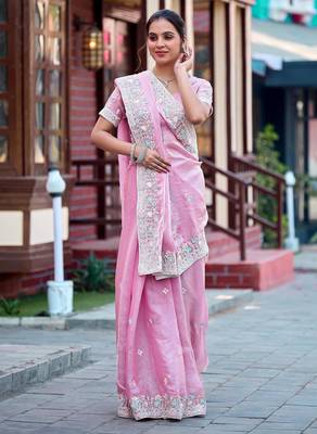 Ethnic baby pink multicolor floral buti embroidered border fandy satin saree with unstitched blouse 3