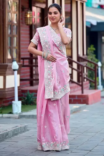 Ethnic baby pink multicolor floral buti embroidered border fandy satin saree with unstitched blouse