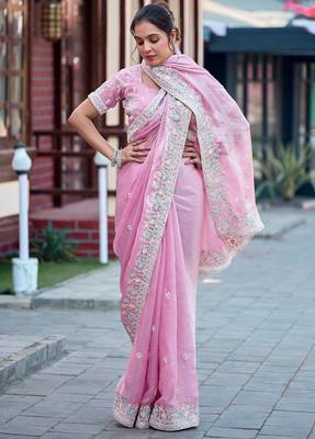 Ethnic baby pink multicolor floral buti embroidered border fandy satin saree with unstitched blouse 4