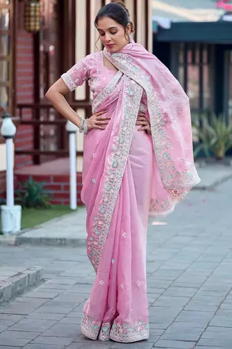 Ethnic baby pink multicolor floral buti embroidered border fandy satin saree with unstitched blouse