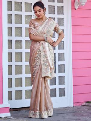 Trendy champagne beige multicolor floral buti embroidered border fandy satin saree with unstitched blouse 2
