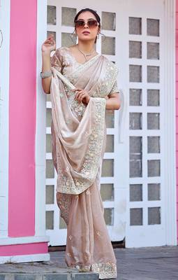 Trendy champagne beige multicolor floral buti embroidered border fandy satin saree with unstitched blouse 3