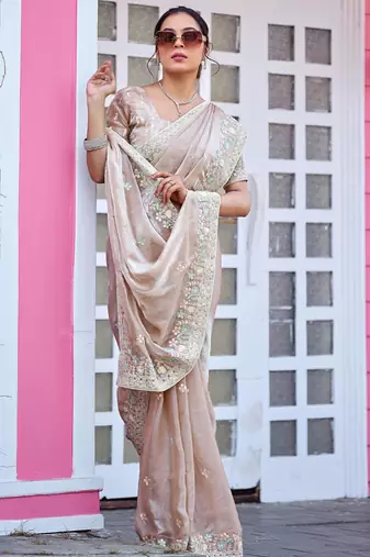 Trendy champagne beige multicolor floral buti embroidered border fandy satin saree with unstitched blouse