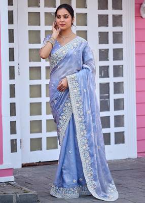 Traditional powder blue multicolor floral buti embroidered border fandy satin saree with unstitched blouse 1