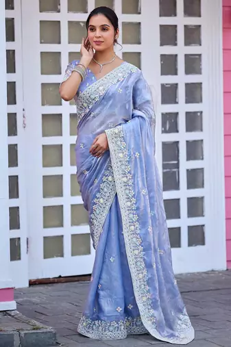 Traditional powder blue multicolor floral buti embroidered border fandy satin saree with unstitched blouse
