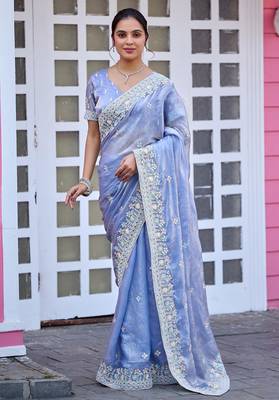 Traditional powder blue multicolor floral buti embroidered border fandy satin saree with unstitched blouse 2