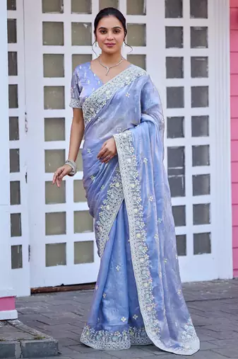 Traditional powder blue multicolor floral buti embroidered border fandy satin saree with unstitched blouse
