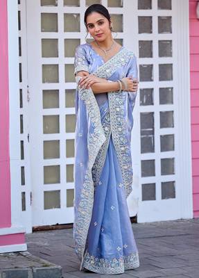 Traditional powder blue multicolor floral buti embroidered border fandy satin saree with unstitched blouse 3