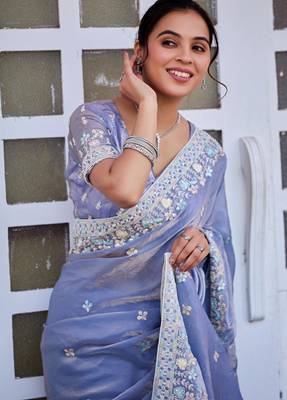 Traditional powder blue multicolor floral buti embroidered border fandy satin saree with unstitched blouse 4