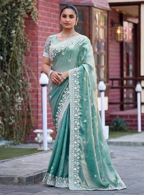 Indian sage green multicolor floral buti embroidered border fandy satin saree with unstitched blouse 1