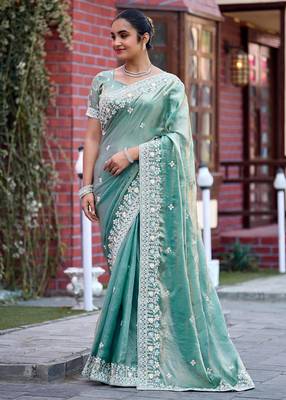 Indian sage green multicolor floral buti embroidered border fandy satin saree with unstitched blouse 2