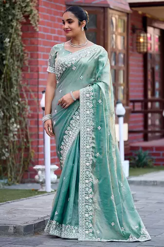 Indian sage green multicolor floral buti embroidered border fandy satin saree with unstitched blouse